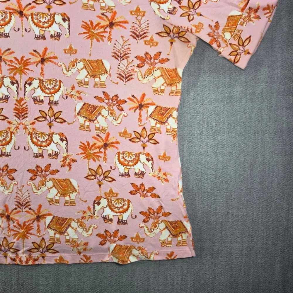 Karen Scott T-Shirt Women 2X Pink Elephant Palm Tree Print Cuffed Short Sleeve
